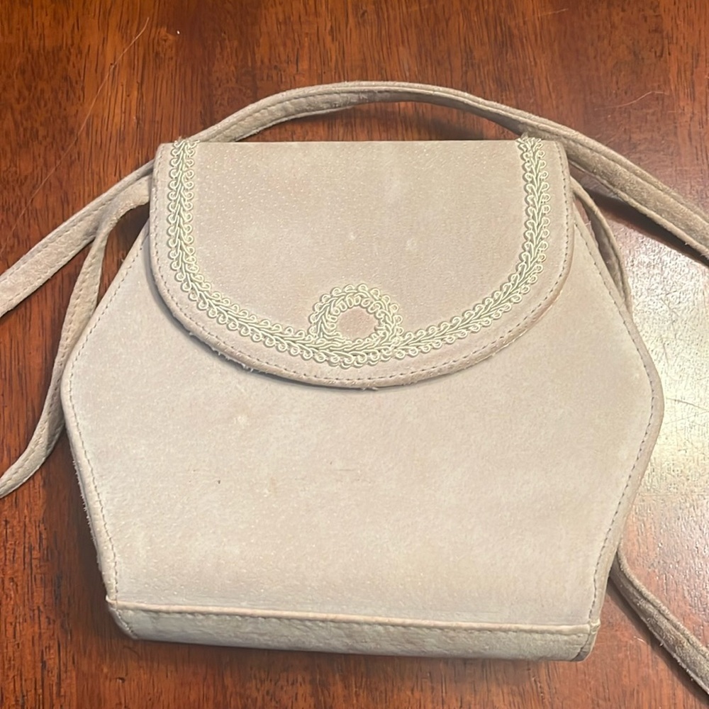 Rush Hour Gray Sueded Purse with long strap and snap closure